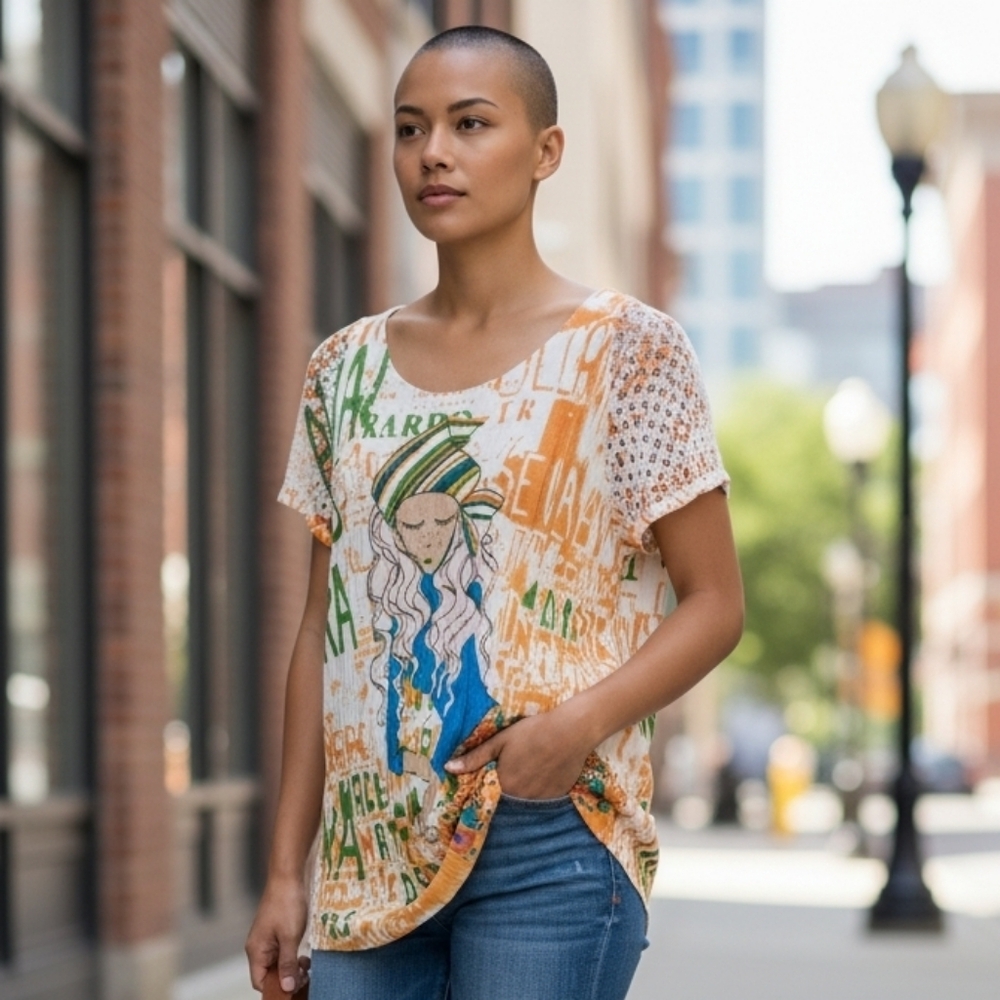 Peter Nygard Orange and Blue Graphic Women's Top 6613
